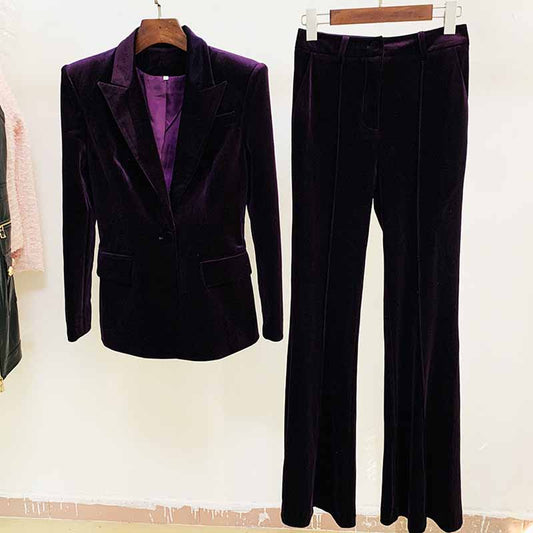Women Velvet Blazer Pantsuit+ Flare Trousers Suit