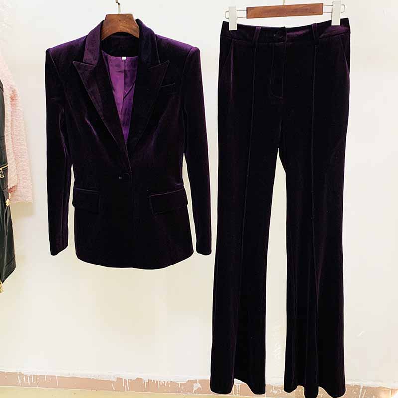 Women Velvet Green Blazer + Flare Trousers Suit