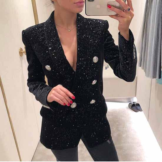 Women's Double Breasted Blazer Gold Buttons Autumn Winter Black Velvet Jacket