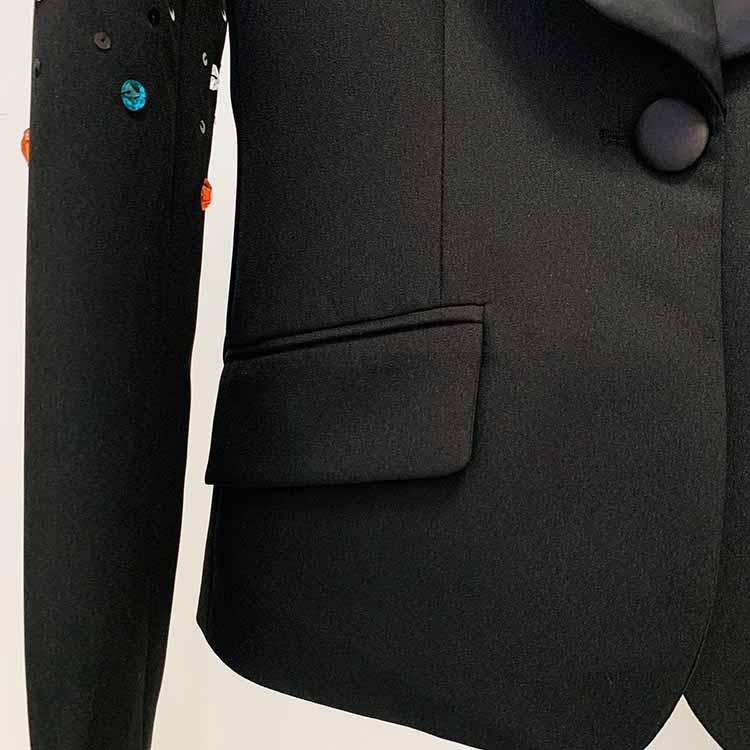 Women Luxury Colorful Stones Embroidery Blazer + Mid-High Rise Flare Trousers Pantsuit Suit Black