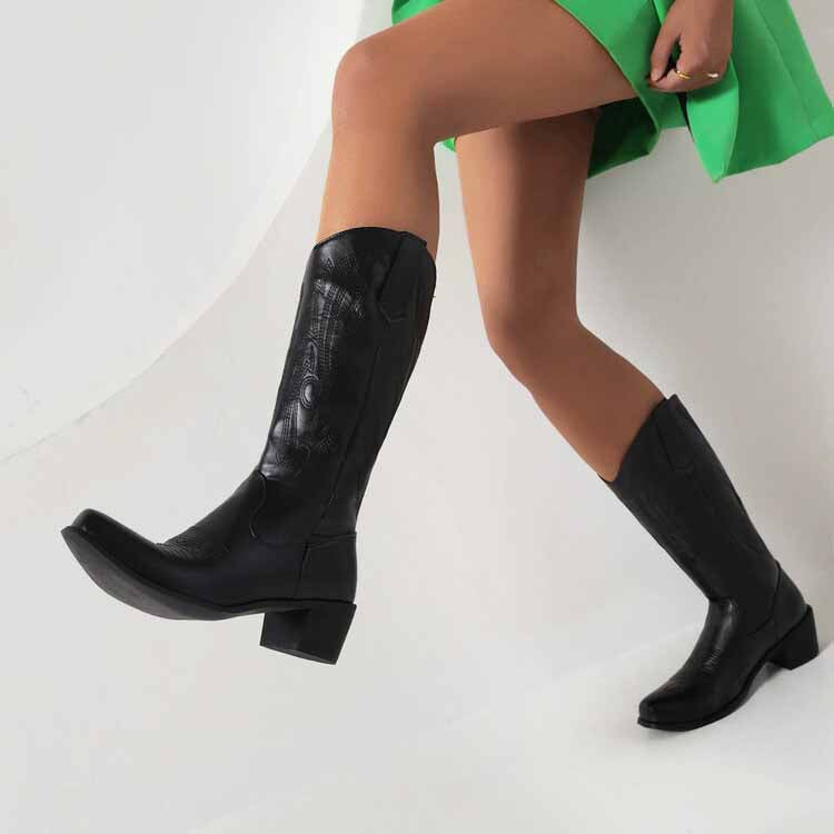 Women's Western Cowboy Boots Block Heel Mid Calf Cowgirl Boots