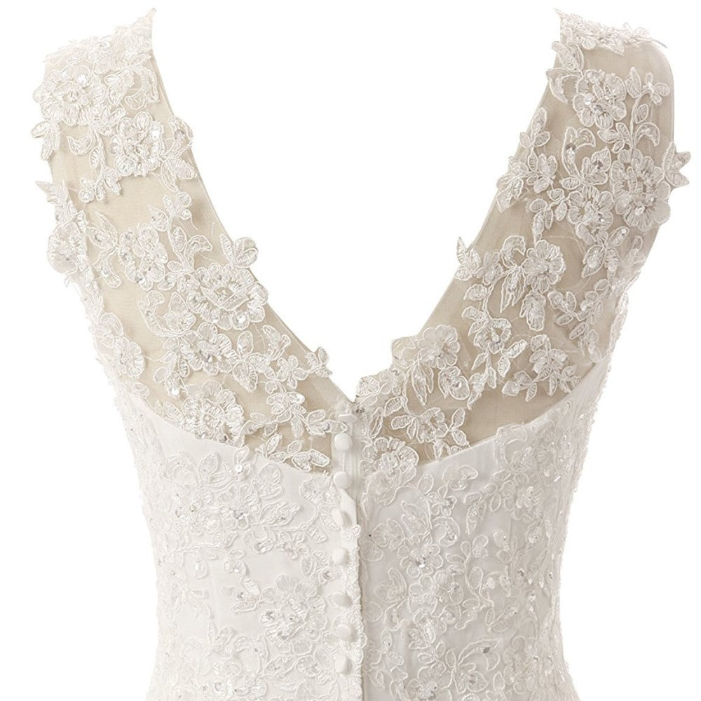 sd-hk Women's Wedding Dress Lace Double V-Neck Sleeveless Evening Dress