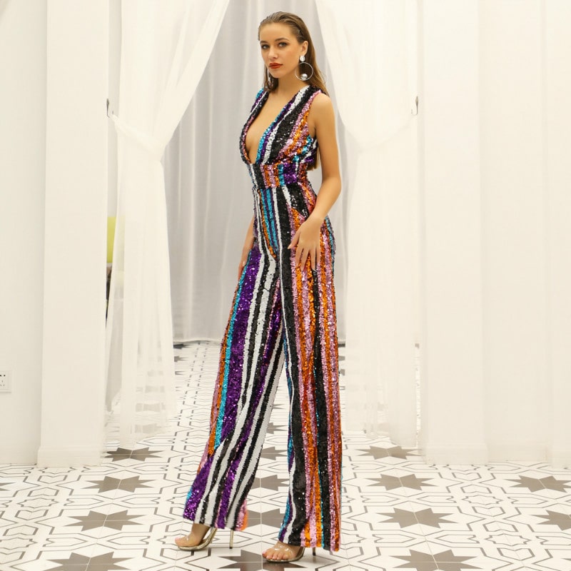 Elegant deep v sequin jumpsuit for women in multicolor with a stylish design for nights out