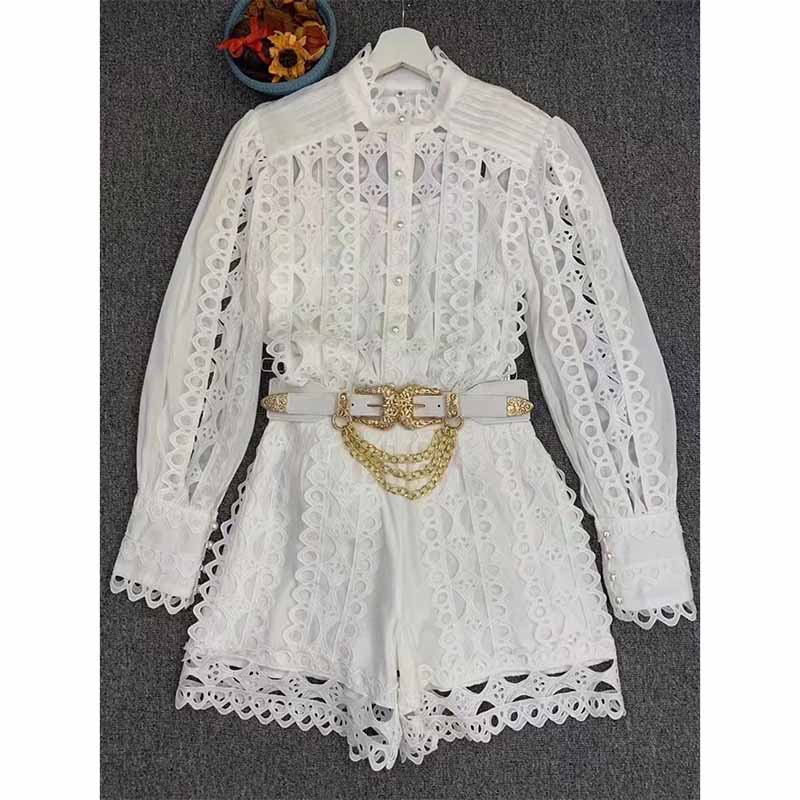 White Lace Summer One Piece Suit Summer Casual Jumpsuit Blouse Shirt Shorts Suit