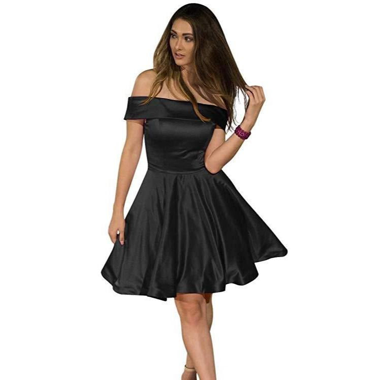 Stylish black junior bridesmaid dresses off shoulder with a flattering A-line silhouette