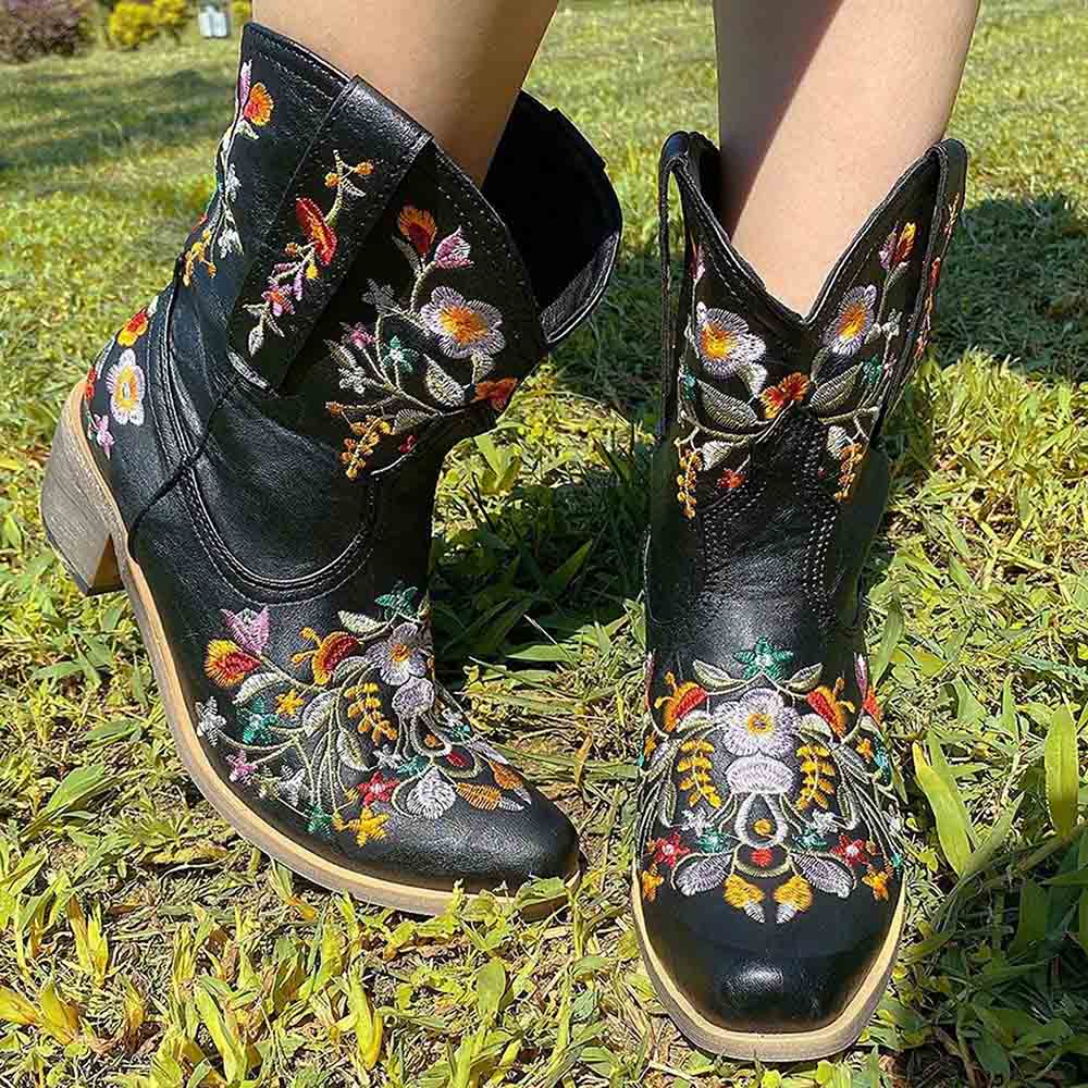 SD-HK embroidered western ankle boots for women featuring colorful floral designs on black leather