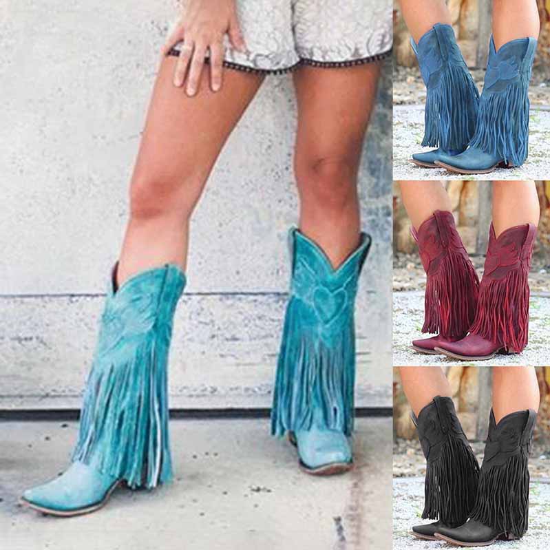 fringe cowboy boots for women in turquoise, red, and black with stylish fringe detail