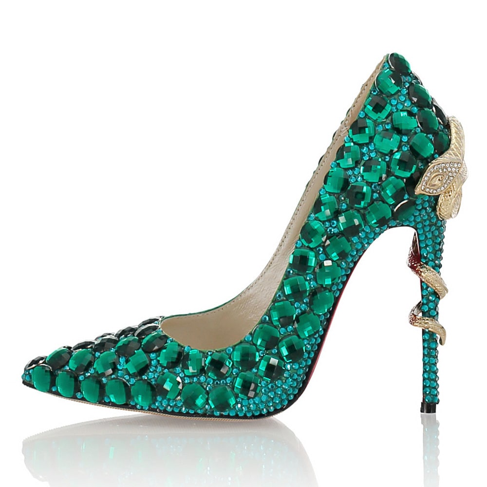 Green diamond wedding heels adorned with sparkling jewels and elegant detailing for the perfect bridal look