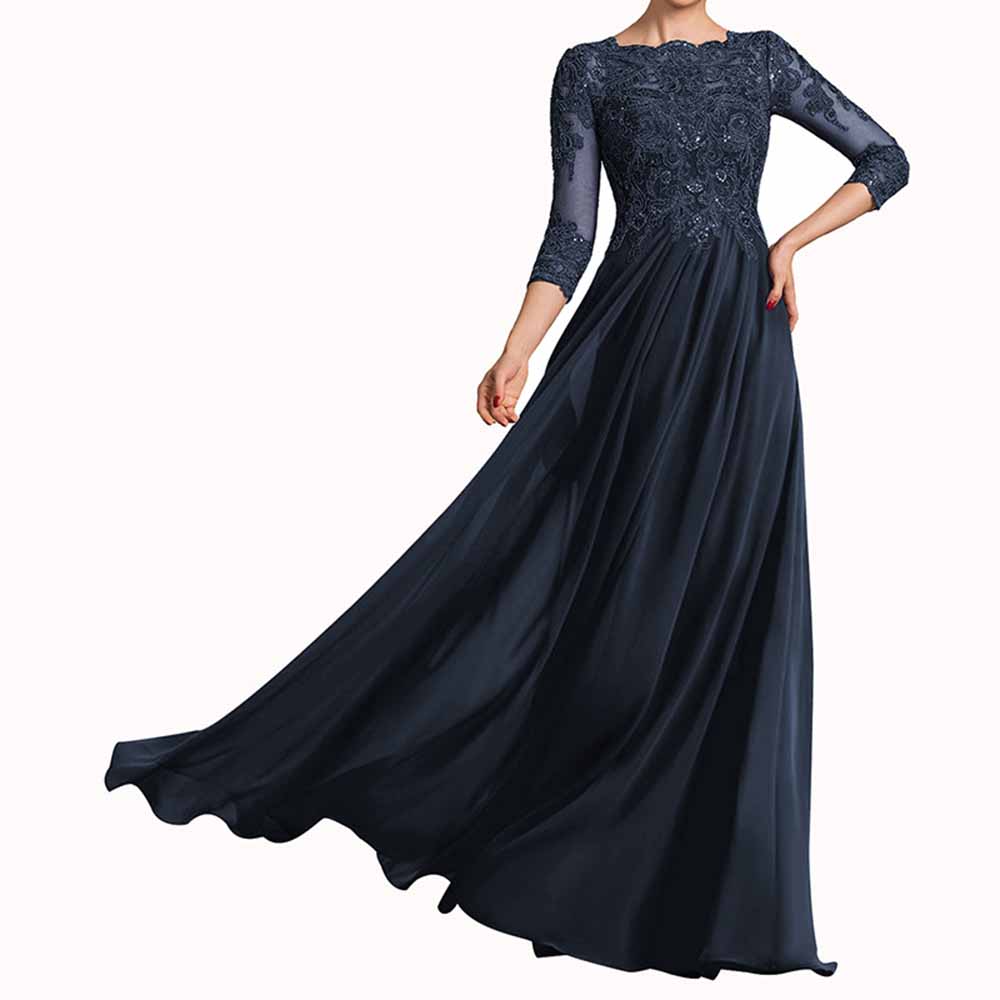 Chiffon Lace Scoop Shoulder 3/4 Sleeves Bridesmaid Dress Floor-Length Mother of the Bride Dresses