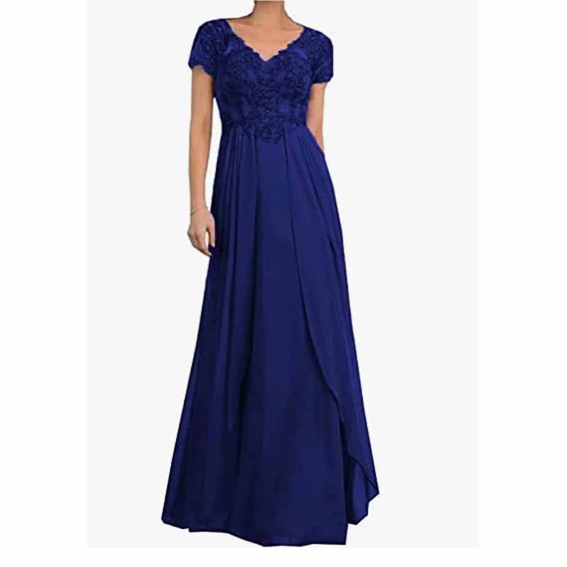 Chiffon Lace Mother of Bride dresses Short Sleeves Bridesmaid Dress lace Up Evening Maxi Dress