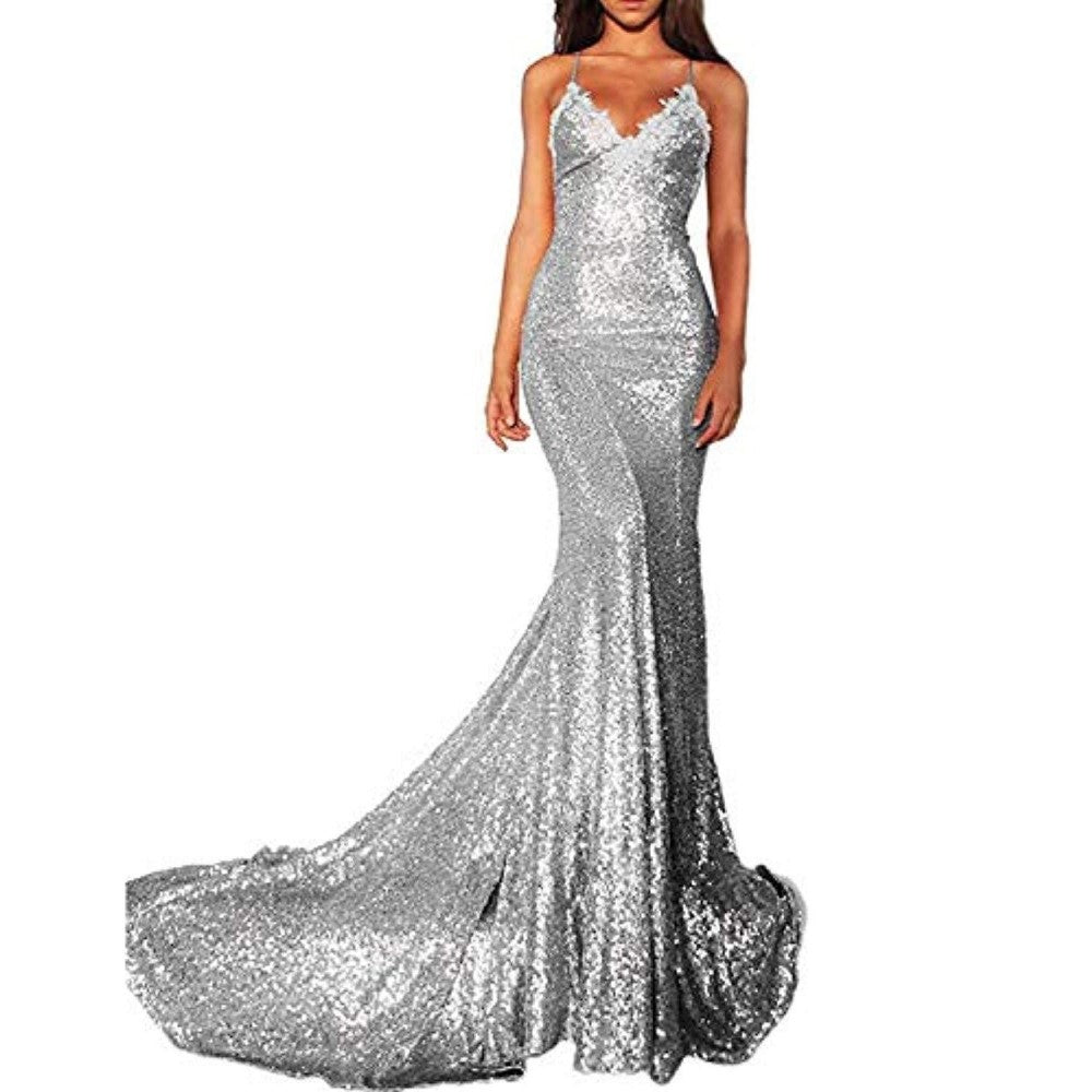 Silver mermaid sequin prom dress featuring a flattering silhouette and elegant train for special occasions