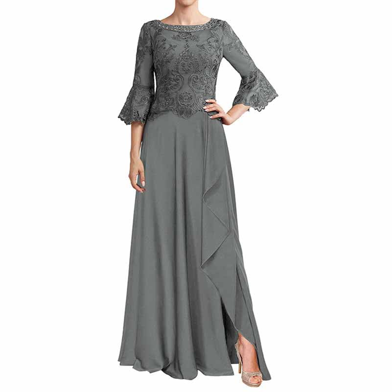 Elegant gray mother of the bride formal dress with lace details and flared sleeves