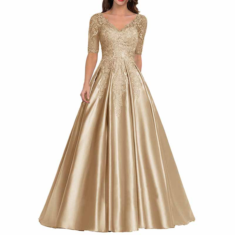 V Neck Satin Prom Bridesmaid Dresses Appliques Evening Dresses Long Formal Party Ball Gowns