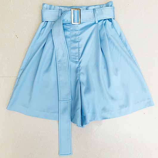 Women Long Sleeves Sky Blue Satin Short Blazer + Shorts Suit