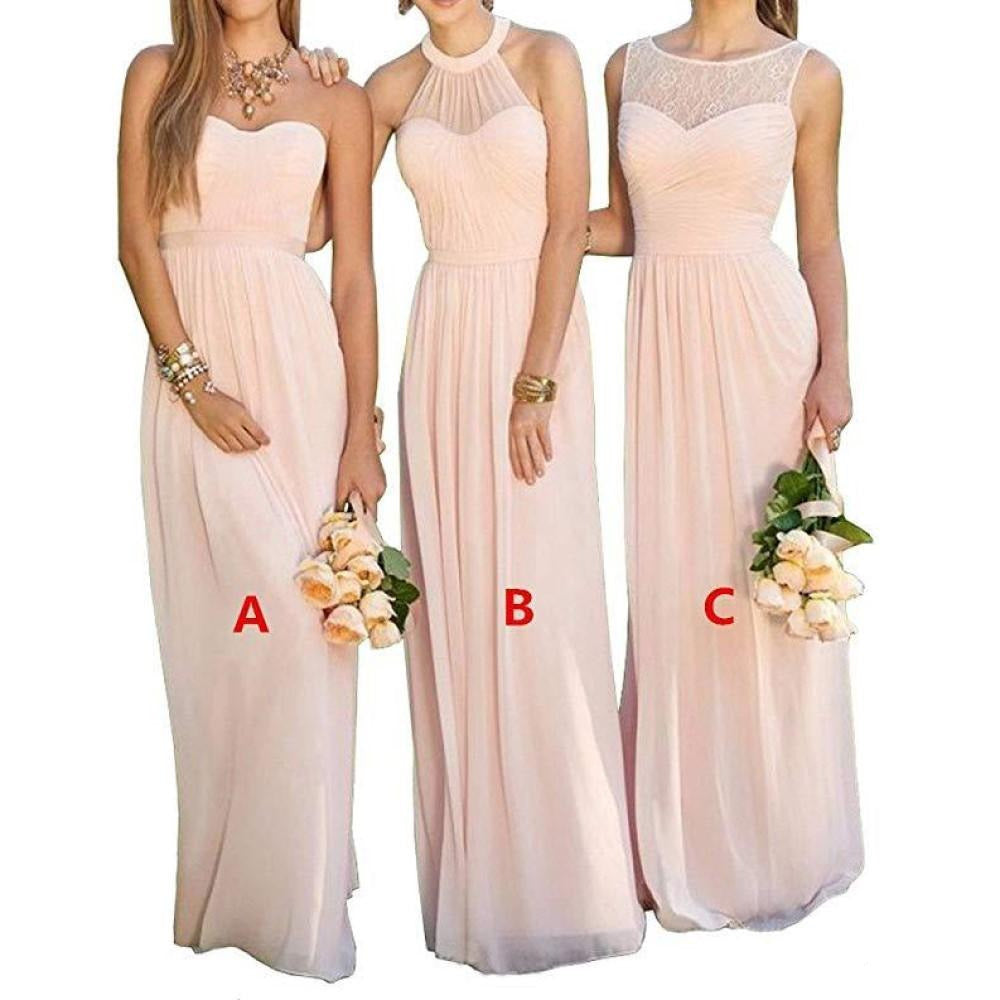 Three sleeveless bridesmaid maxi dresses in soft blush pink with varying necklines and flowing skirts