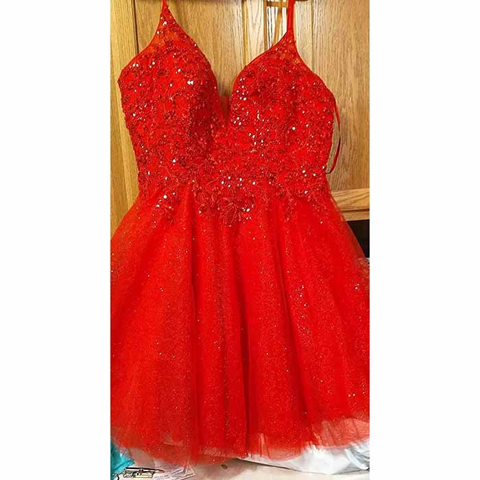 Red tulle homecoming dress for teens with sparkling embellishments and a flattering fit