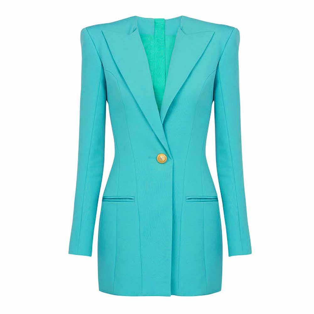 Light Blue Tailored Blazer Dress With Padded Shoulders Woman One Butto