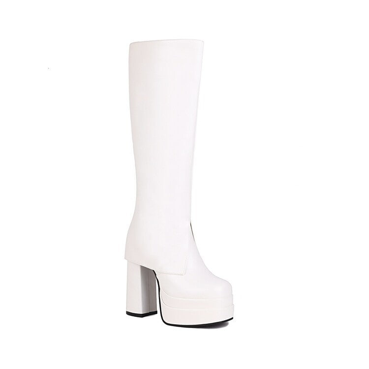 White waterproof platform knee-high boots with chunky heels for stylish winter wear