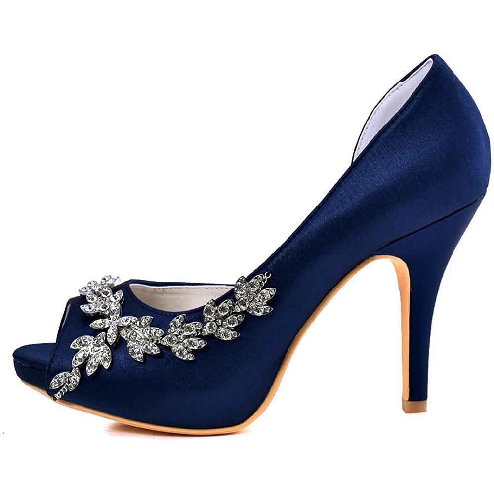 Elegant navy blue satin wedding heels for women featuring sparkling floral embellishments