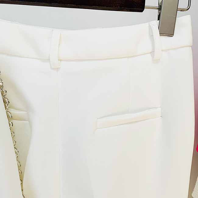 Women White Bling Bling Diamonds Decoration Fitted Blazer + Mid-High Waist Trousers Pants