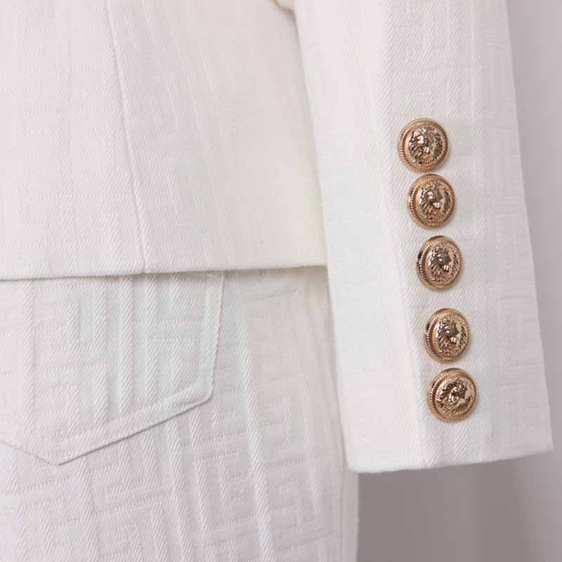 Women's White Pantsuit Gold Button Tie Belt Double Breasted Two Pieces Jacquard Suit
