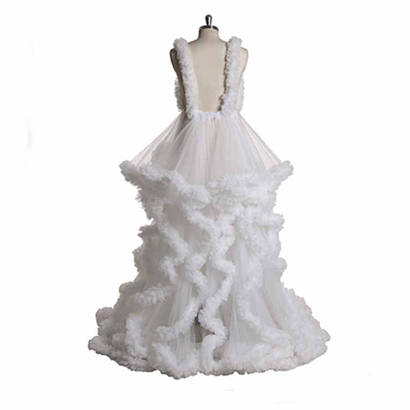 Deep V Neck Flare Ruffles Tulle Robe Maternity Gown for Photo Shoot Off Shoulder Gown