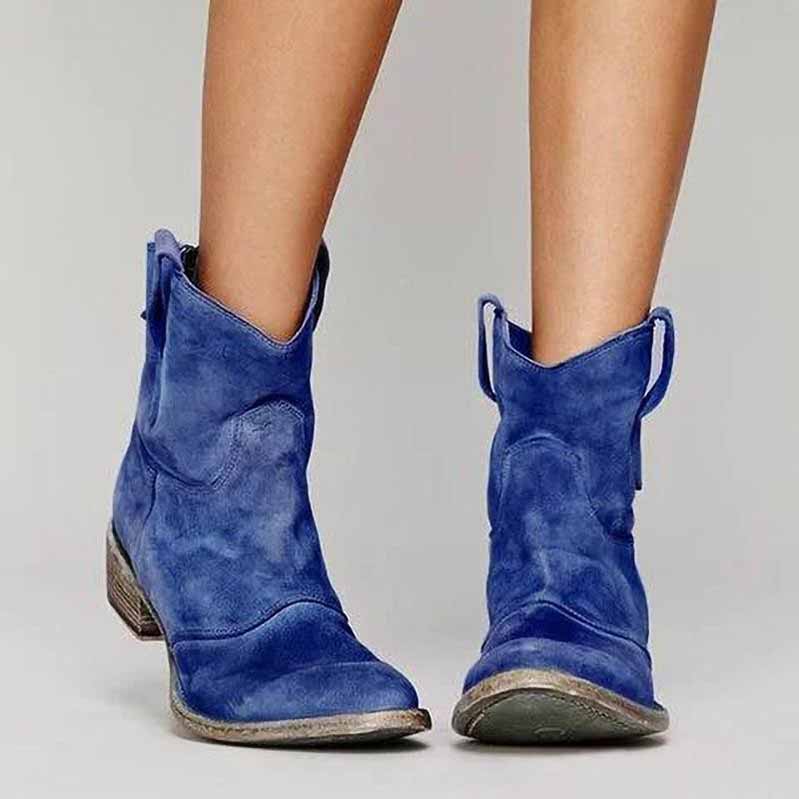Stylish blue low heel ankle booties for women with a comfortable fit and modern design