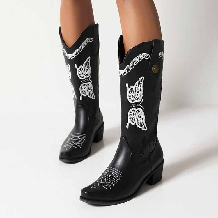 Tucomosi women's floral embroidery cowgirl boots in black with stylish designs and a comfortable heel