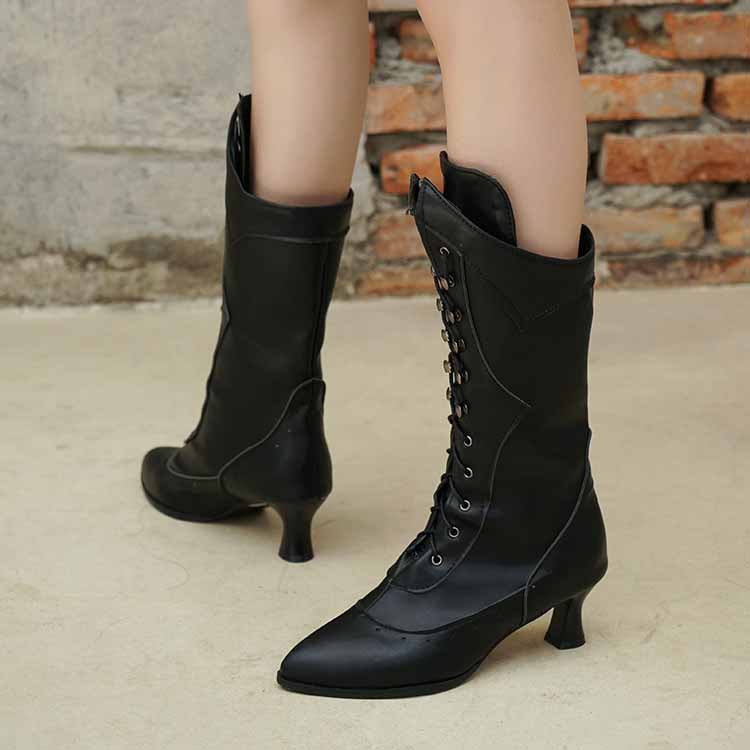 Women's low heeled wedding boots in black with a stylish lace-up design and elegant silhouette