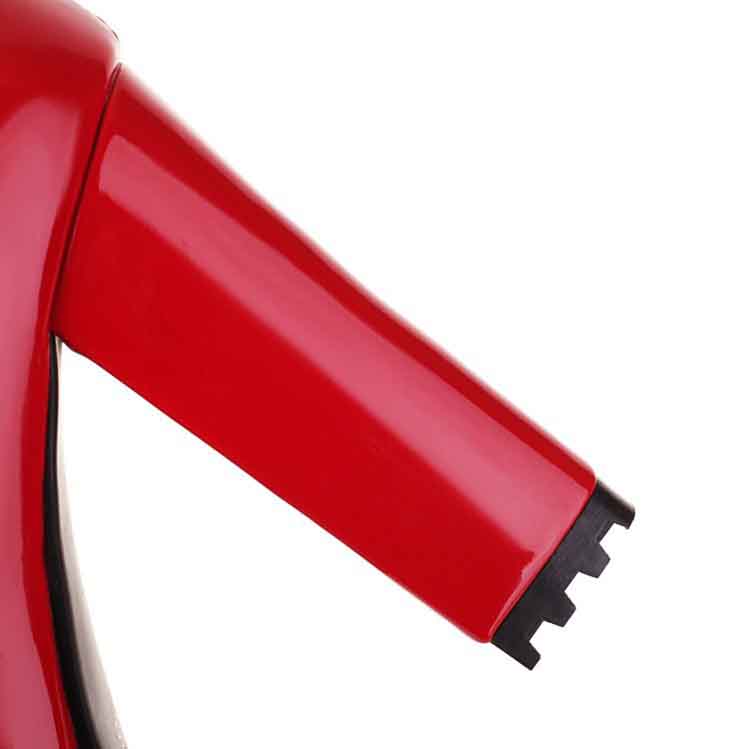 Stylish women's patent leather knee high boots with a vibrant red shine and chunky heels