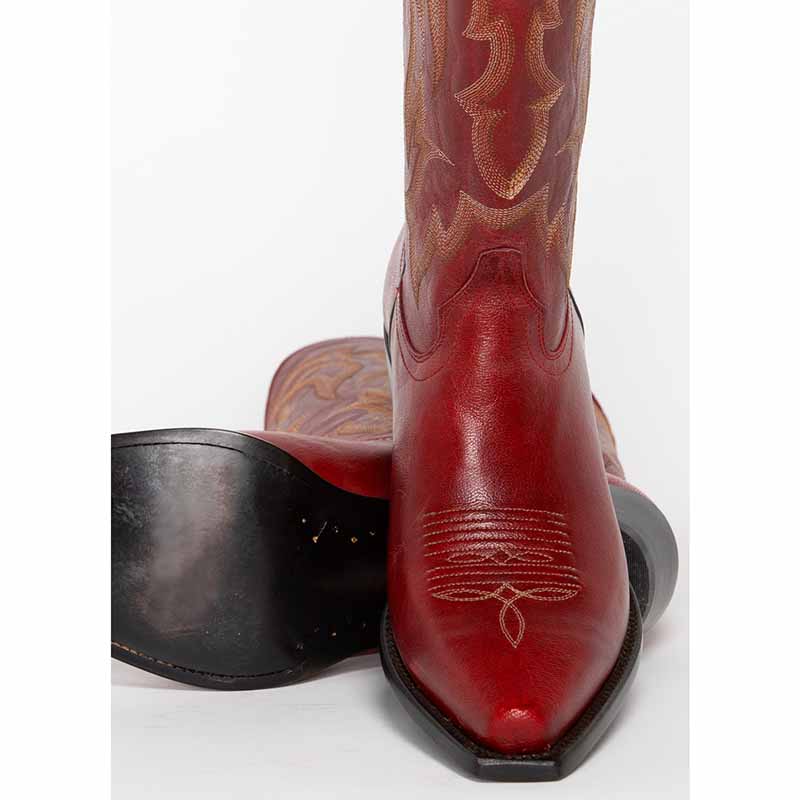 Women's red embroidered western boots with intricate stitching and pointed toe design