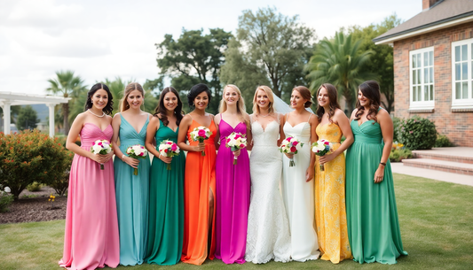 A diverse group of bridesmaids wearing colorful dresses outdoors