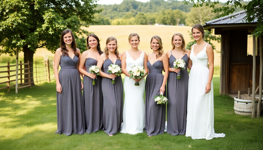 Bridesmaids in rustic country dresses at outdoor wedding