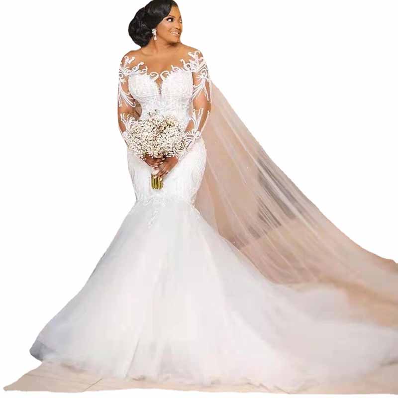 Long Sleeve Mermaid Scoop Neck Chapel Train Wedding Dress With Appliqued
