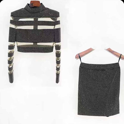 Women Bling Bling Rhinestones Mesh Sexy Fitted Crop Top + Mini Skirt Suit Party Suit