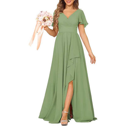 V-Neck Chiffon Bridesmaid Dress With Pocket – Short Sleeves & Elegant Side Split