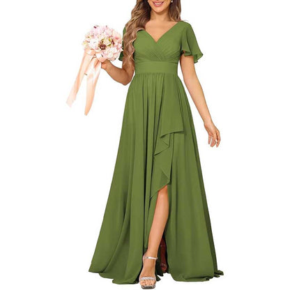 V-Neck Chiffon Bridesmaid Dress With Pocket – Short Sleeves & Elegant Side Split