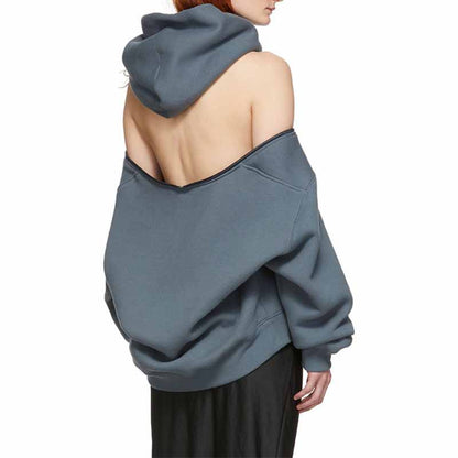 Women's Off Shoulder Hoodie Rib Knitted Cuffs Zipper Hoodie