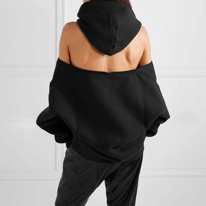 Women's Off Shoulder Hoodie Rib Knitted Cuffs Zipper Hoodie