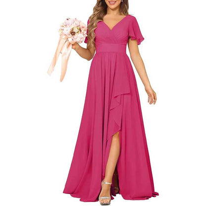 V-Neck Chiffon Bridesmaid Dress With Pocket – Short Sleeves & Elegant Side Split