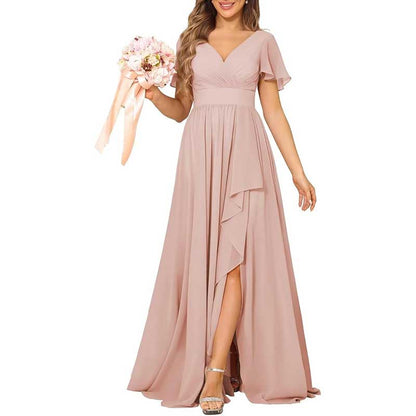 V-Neck Chiffon Bridesmaid Dress With Pocket – Short Sleeves & Elegant Side Split