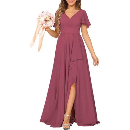 V-Neck Chiffon Bridesmaid Dress With Pocket – Short Sleeves & Elegant Side Split