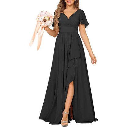 V-Neck Chiffon Bridesmaid Dress With Pocket – Short Sleeves & Elegant Side Split
