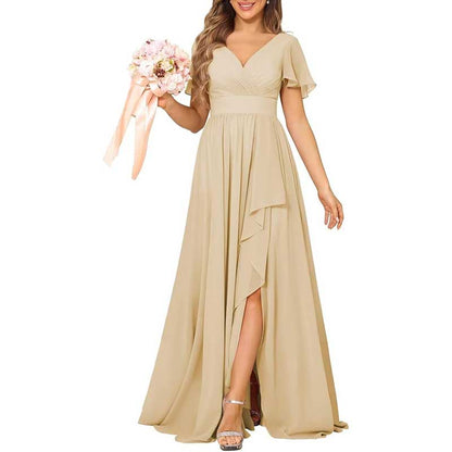 V-Neck Chiffon Bridesmaid Dress With Pocket – Short Sleeves & Elegant Side Split