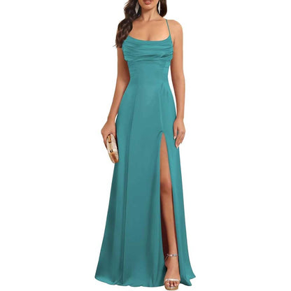 Satin Long Bridesmaid Dresses with Slit Aline Corset Long Prom Dresses