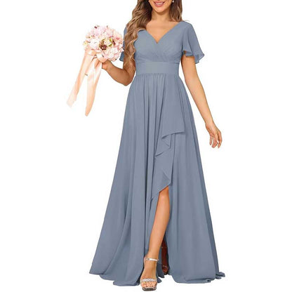 V-Neck Chiffon Bridesmaid Dress With Pocket – Short Sleeves & Elegant Side Split