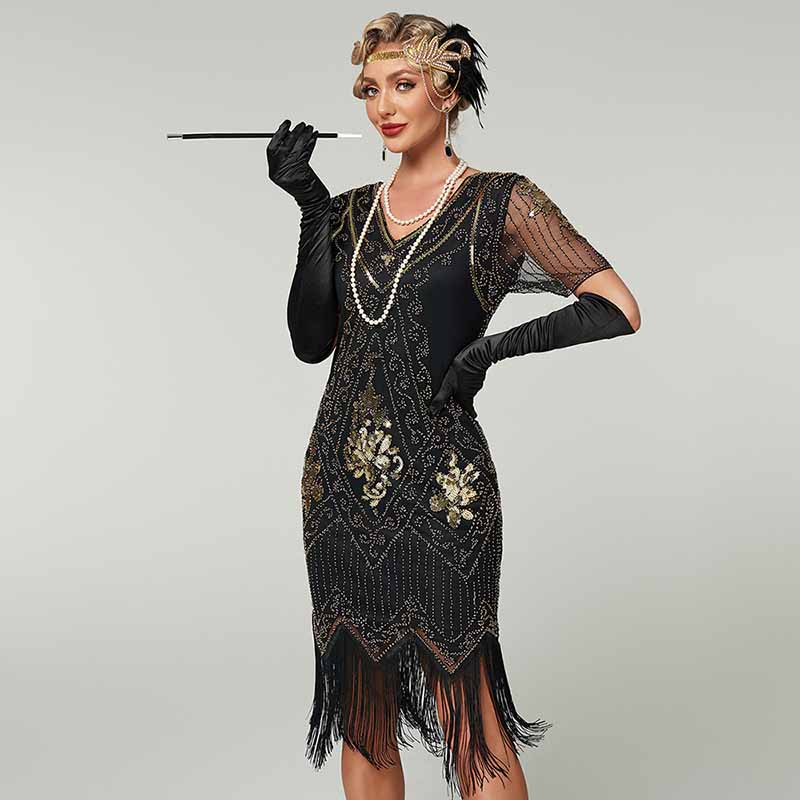 1920's Flapper Dress Short Sleeve V-Neck  Fringe Sequin Beaded Dress