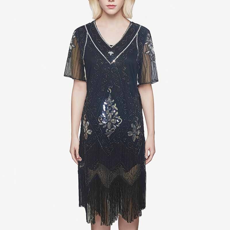 1920's Dresses Fringe Sequin Beaded Black Dress