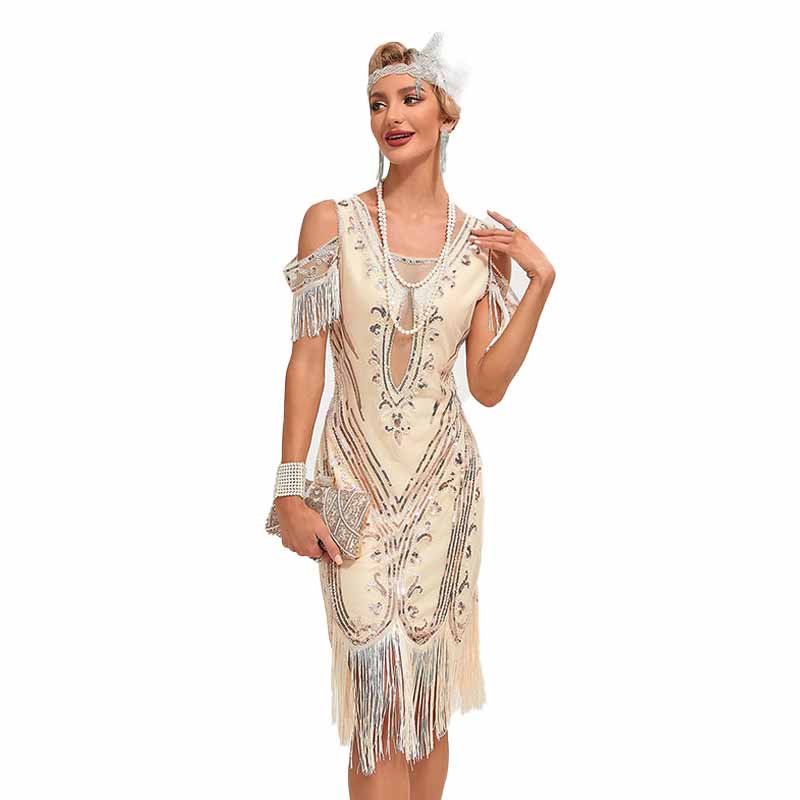 Women’s 1920s Flapper Dress Roaring 20s Cold Shoulder Fringe Gatsby Dress