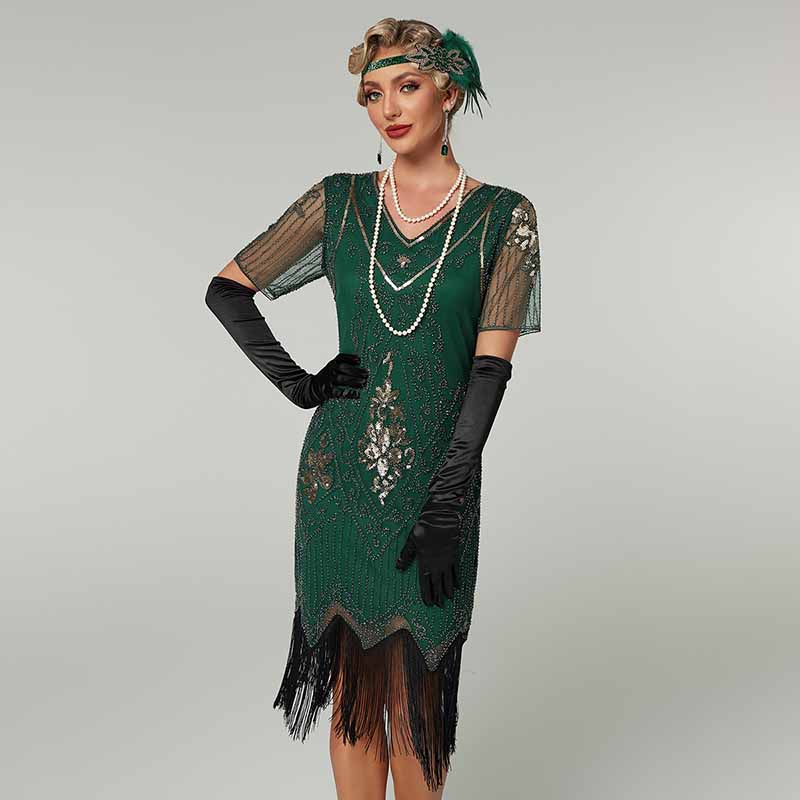 1920's Flapper Dress Short Sleeve V-Neck  Fringe Sequin Beaded Dress